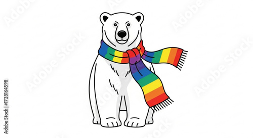 A polar bear wears a rainbow scarf, a symbol of pride and arctic awareness, a colorful and heartwarming image