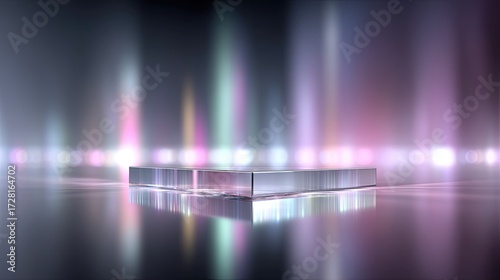 Translucent Glass Platform on Glossy Surface with Bright Spectrum Background