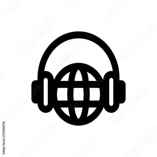 Illustration of black headphones surrounding a globe with grid lines on a white isolated background