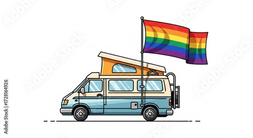 A vibrant illustration of a camper van with a rainbow flag a symbol of pride, freedom, and the open road