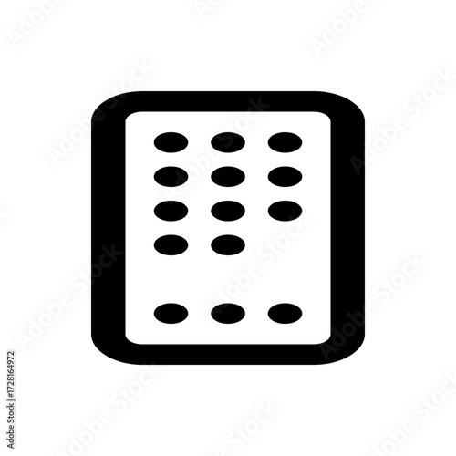 Illustration of a black braille cell with eleven raised dots inside a rounded rectangular border design