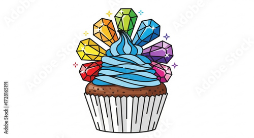 A dazzling cupcake topped with rainbow gems, , a sparkling treat that combines sweetness with colorful elegance