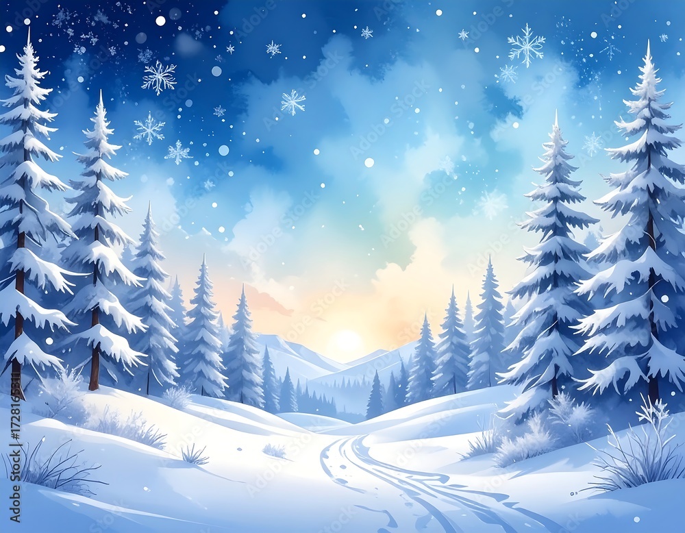 Fototapeta premium Snowy winter landscape with fir trees