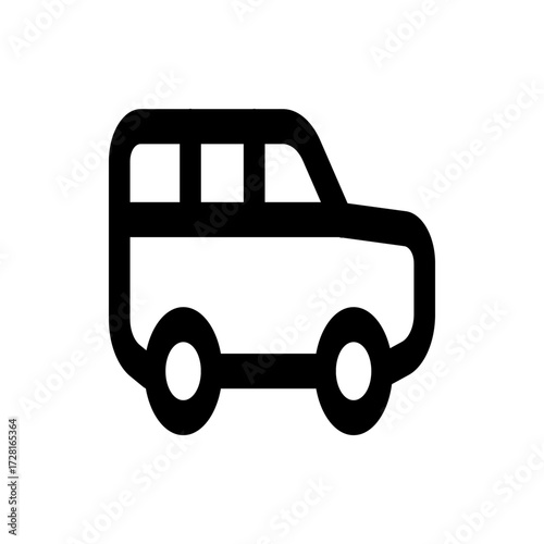 A simple black and white line drawing of a car with rounded edges and a rectangular body shape icon design