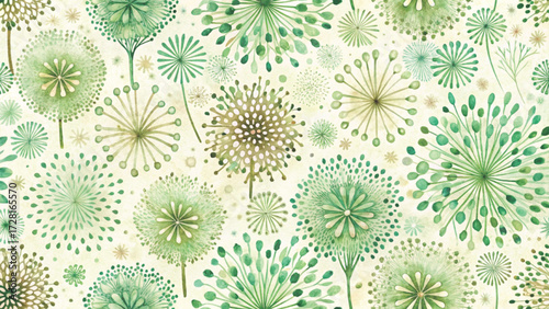 Seamless pattern of abstract circular bursts resembling fireworks or dandelion flowers background 