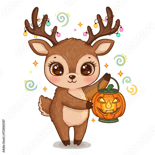 Cartoon deer with string-lit antlers holding a Halloween pumpkin lantern, surrounded by colorful swirls and sparkles on a light background.