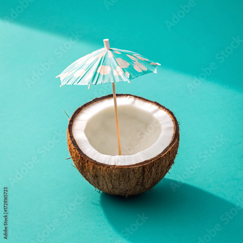 Half coconut with a cocktail umbrella on a turquoise background