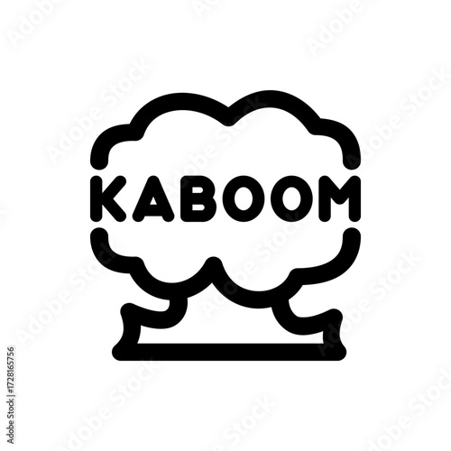 A black and white graphic illustration of a kaboom explosion cloud with bold lettering inside the cloud shape