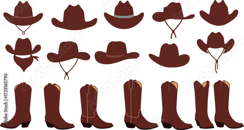 Collection of brown cowboy hats and boots for western style.