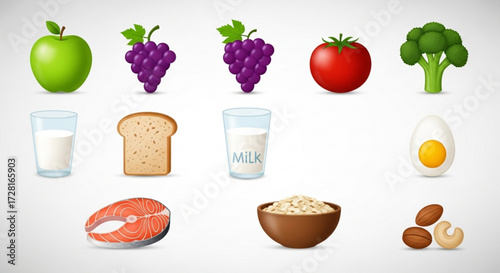 A colorful and nutritious assortment of healthy foods, including fruits, vegetables, grains, dairy, and protein