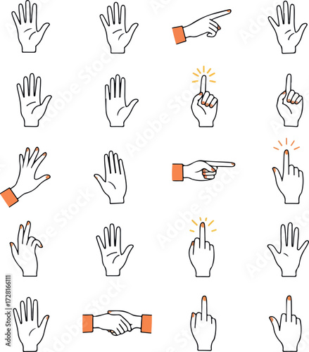 Hand gestures collection various positions and directions showing different meanings.