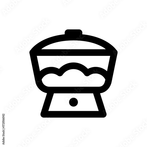 A black and white line drawing of a food steamer with a lid and visible contents inside the container