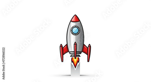 Illustration of a rocket ship taking off, the rocket is silver with red accents and a flame coming out of the bottom