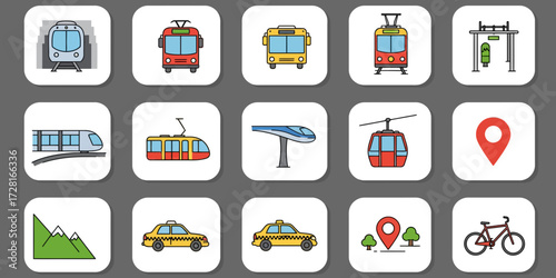 A grid of fifteen flatdesign transportation and location icons on a gray background