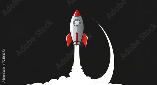 Illustration of a rocket ship taking off against a the rocket is silver with red accents and a white trail of smoke
