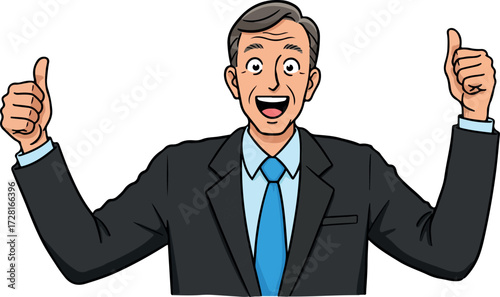 Happy businessman in suit giving thumbs up showing approval and success.