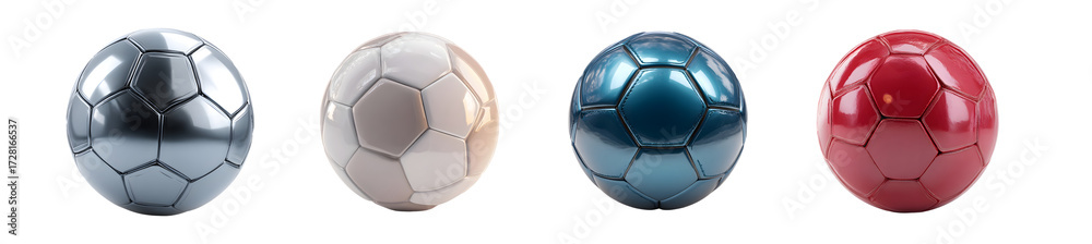 Naklejka premium Set of four colorful metallic soccer balls isolated on a white background.
