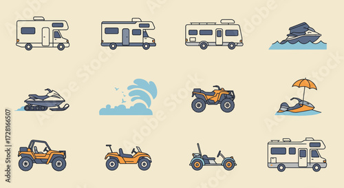 A grid of twelve lineart recreational vehicle and water sports icons on a beige background