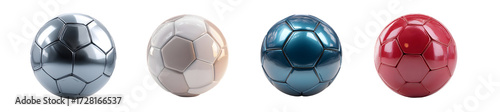 Set of four colorful metallic soccer balls isolated on a white background.
