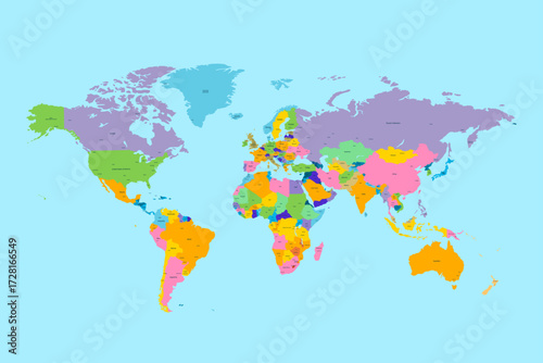 Colorful political world map with countries borders and names isolated on blue background vector illustration