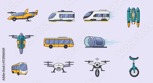 An array of twelve future and modern transportation icons on a light purple background