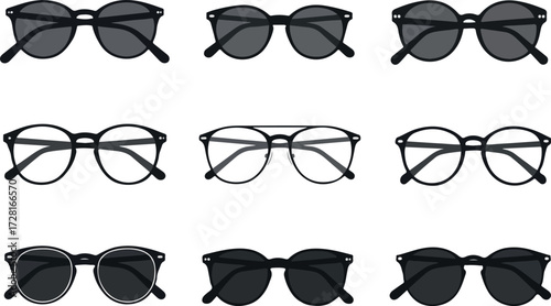 Collection of stylish eyewear with various frame designs and lens shades.