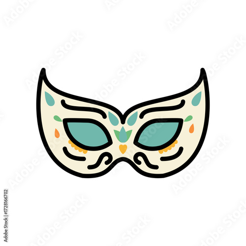 Flat vector illustration of a decorative carnival mask with colorful patterns. Represents masquerade parties, carnival celebrations, and costume events. Perfect for festive and cultural holiday design