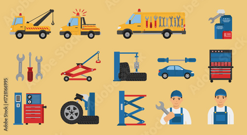 Automotive repair icons including tow trucks tools vehicles lifts and mechanics