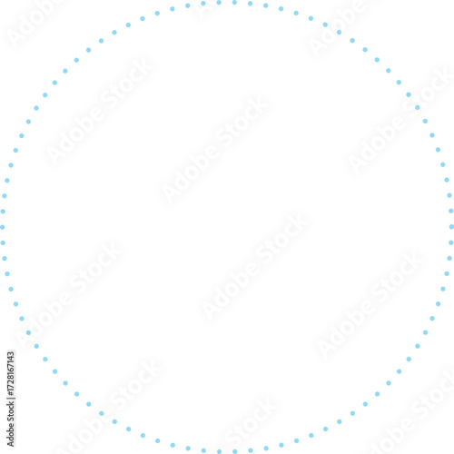 This is a minimalist graphic image featuring a large circle composed entirely of small, sky blue dots. These dots are evenly spaced and form a perfect circular outline against a plain.