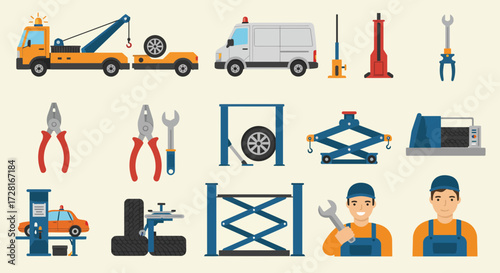 Collection of automotive repair tools vehicles lifts and mechanics icons on a light background