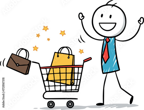 Happy shopper with shopping cart and bags celebrating a successful purchase.