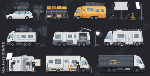Collection of film production vehicles cameras lighting equipment and crew elements