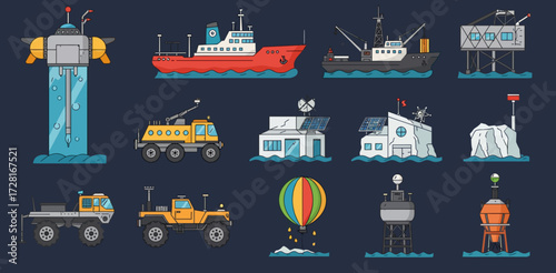 Collection of illustrated ArcticAntarctic research vehicles vessels stations and buoys