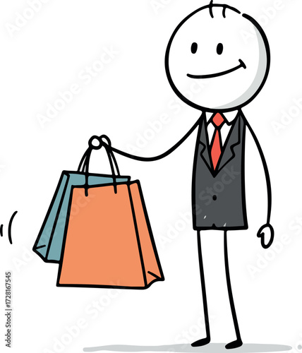 Happy stick figure man holding shopping bags after purchase.