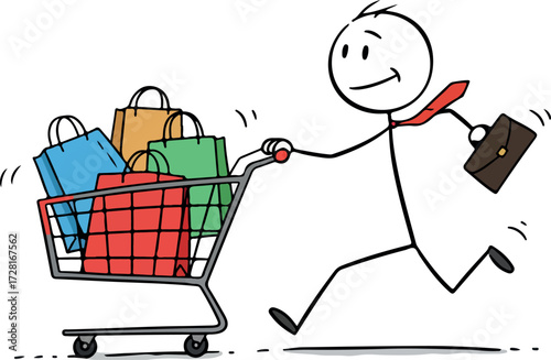 Happy stick figure man pushing shopping cart full of bags.