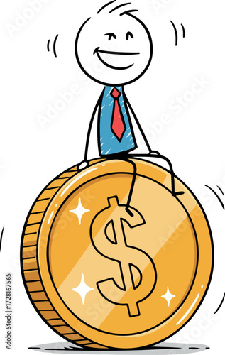 Happy stick figure sitting on a giant golden dollar coin.