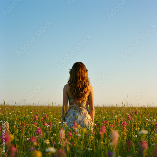 Woman sitting in a vibrant wildflower field under soft golden hour lighting for editorial and lifestyle branding.
