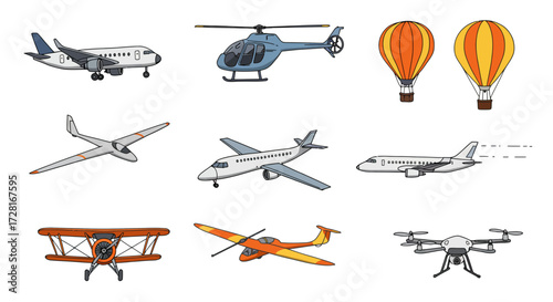Collection of nine distinct air transport illustrations on a white background
