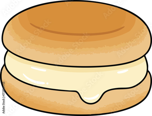 Illustration of Japanese melting dorayaki sweets, with one cut in half to reveal the sweet red bean paste filling.