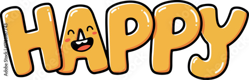 Happy word art with a smiling face and orange color.