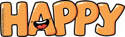 Happy word in orange color with a smiling face.