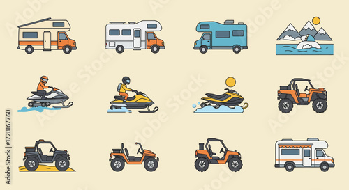 Collection of twelve icons depicting various recreational vehicles and a landscape