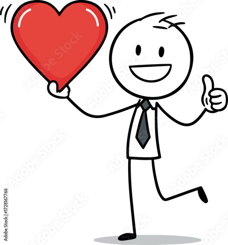 Happy stick figure holding a heart and giving a thumbs up.