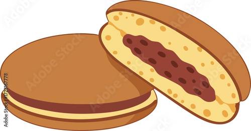 Illustration of Japanese dorayaki sweets, with one cut in half to reveal the sweet red bean paste filling.