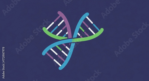 Illustration of a colorful dna strand with green, purple, and blue hues, representing genetics, biology, and scientific research on a dark blue backdrop
