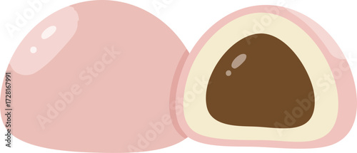 A pink mochi confection with a chocolate filling, one whole and one cut in half to reveal its layers.