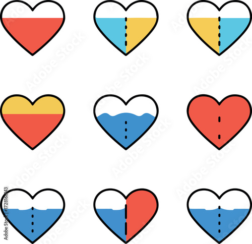 Hearts representing various states of fullness and emotions in a grid.