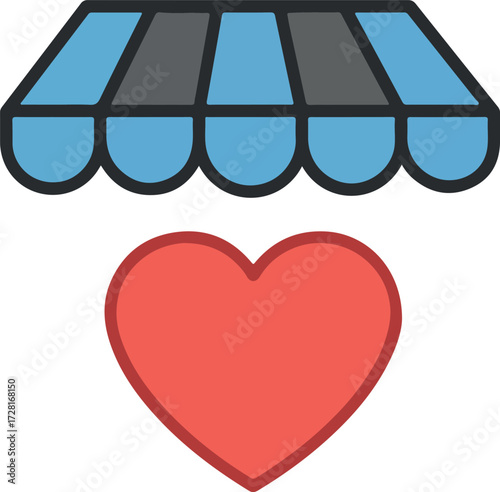 Heart symbol under shop awning representing love for shopping and retail.