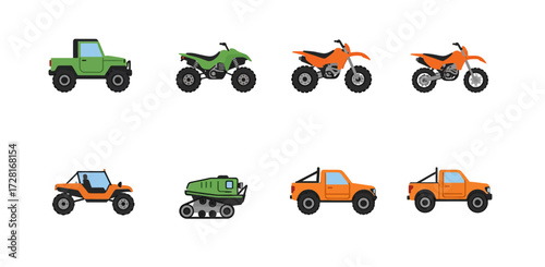 Eight distinct offroad vehicles illustrated in two rows against a white background