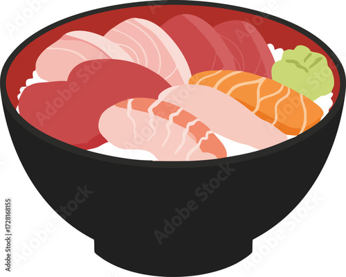 A vector illustration of a Japanese kaisendon, a rice bowl topped with fresh slices of tuna and salmon sashimi and wasabi.